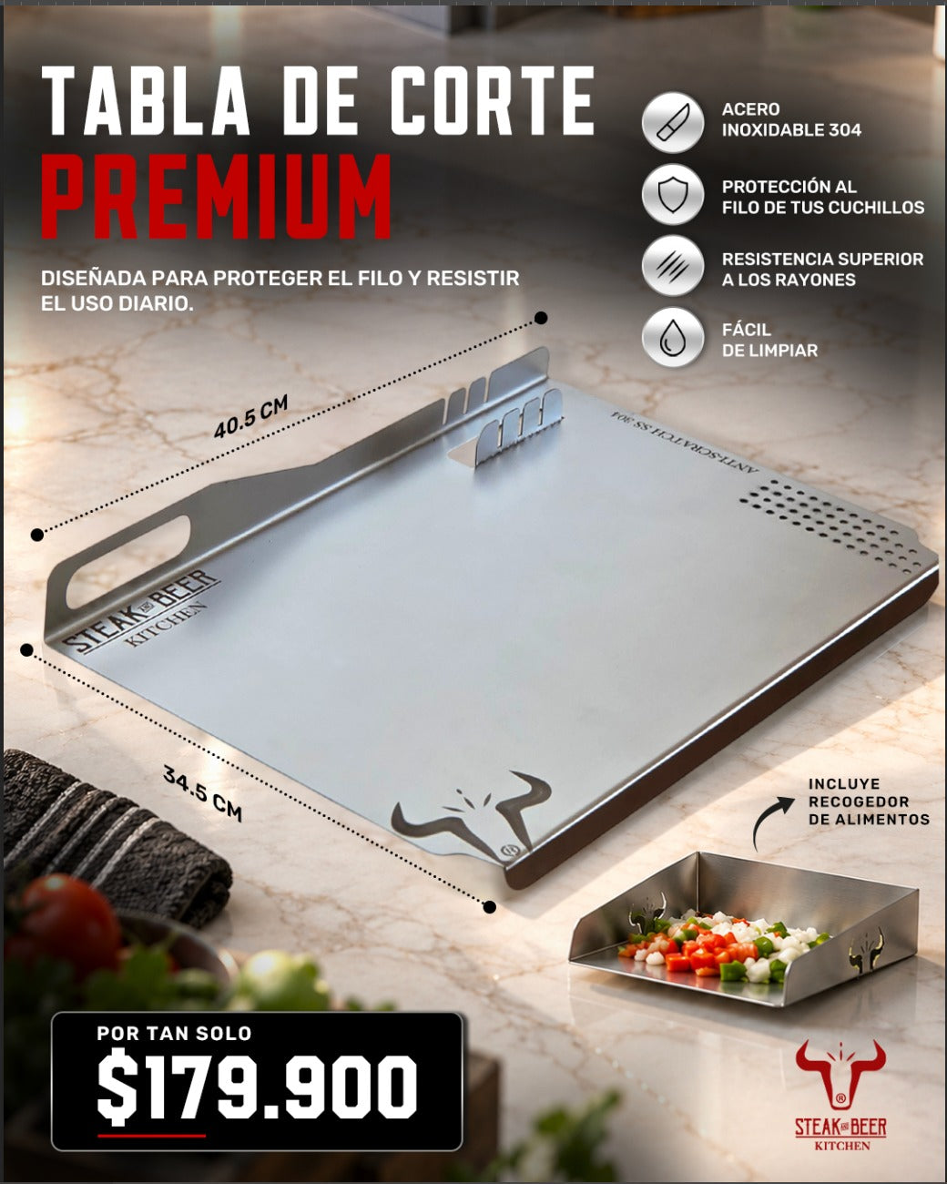 TABLA CORTE ANTI SCRATCH - ACERO INOXIDABLE STEAK AND BEER
